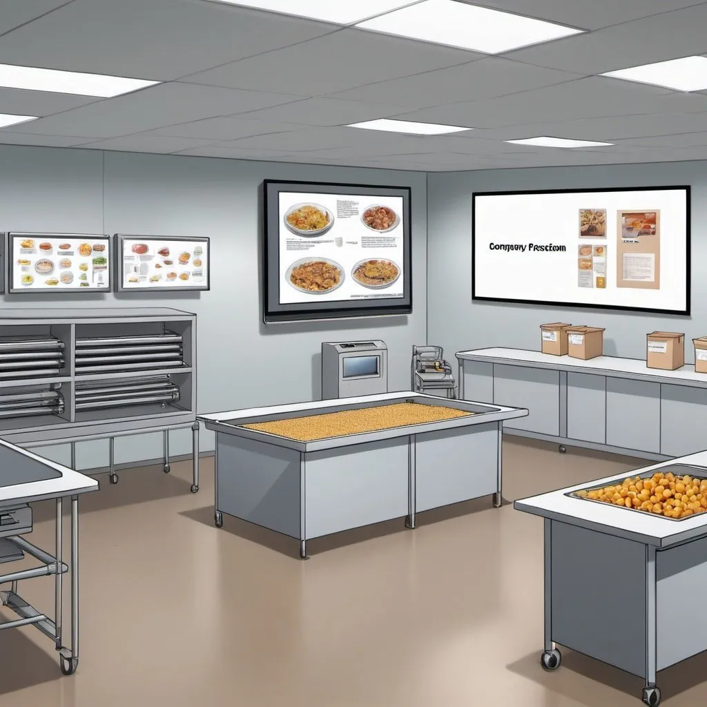 Prompt: cartoon image of a training room of a food processing company, with a television screen, and a notice board, as well as a showcase where the company's products are displayed