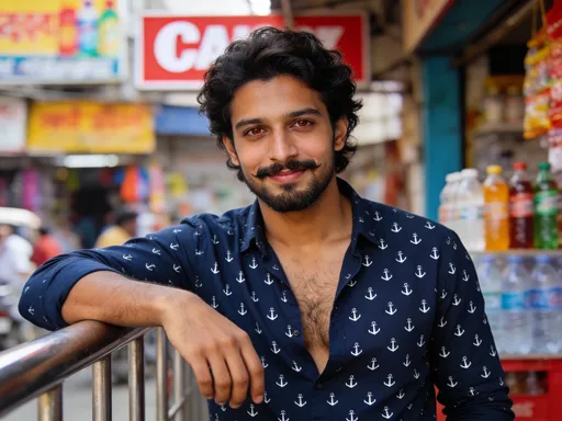 Prompt: Photograph of a young South Asian man with medium brown skin, black wavy hair, and a neatly trimmed beard and mustache. He has dark brown eyes and a slight smile. He wears a navy blue, long-sleeve shirt with a small white anchor pattern. His shirt is partially unbuttoned, revealing a hint of chest hair. The background is slightly blurred, showing a busy street market with colorful signs, plastic bottles, and a red and white sign. The lighting is natural, highlighting his facial features and the texture of his hair and beard. The man stands with his right arm resting on a metal railing.