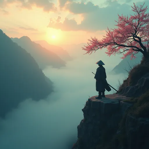 Prompt: A lone samurai standing on a mist-shrouded mountain cliff at dawn, cherry blossoms drifting through the air, dramatic backlighting casting long shadows, 35 mm lens, filmic color grading with teal and orange contrast, highly detailed, epic scale —v 5 —ar 16:9