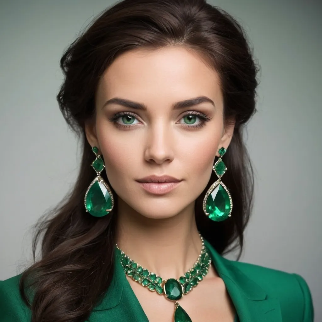 Prompt: generates an image of a businesswoman, she is the emerald gypsy inserted into the modern world as a businesswoman, the image has to be realistic and can be an ordinary person but with a slight touch of the emerald gypsy's personality, like an earring, etc.