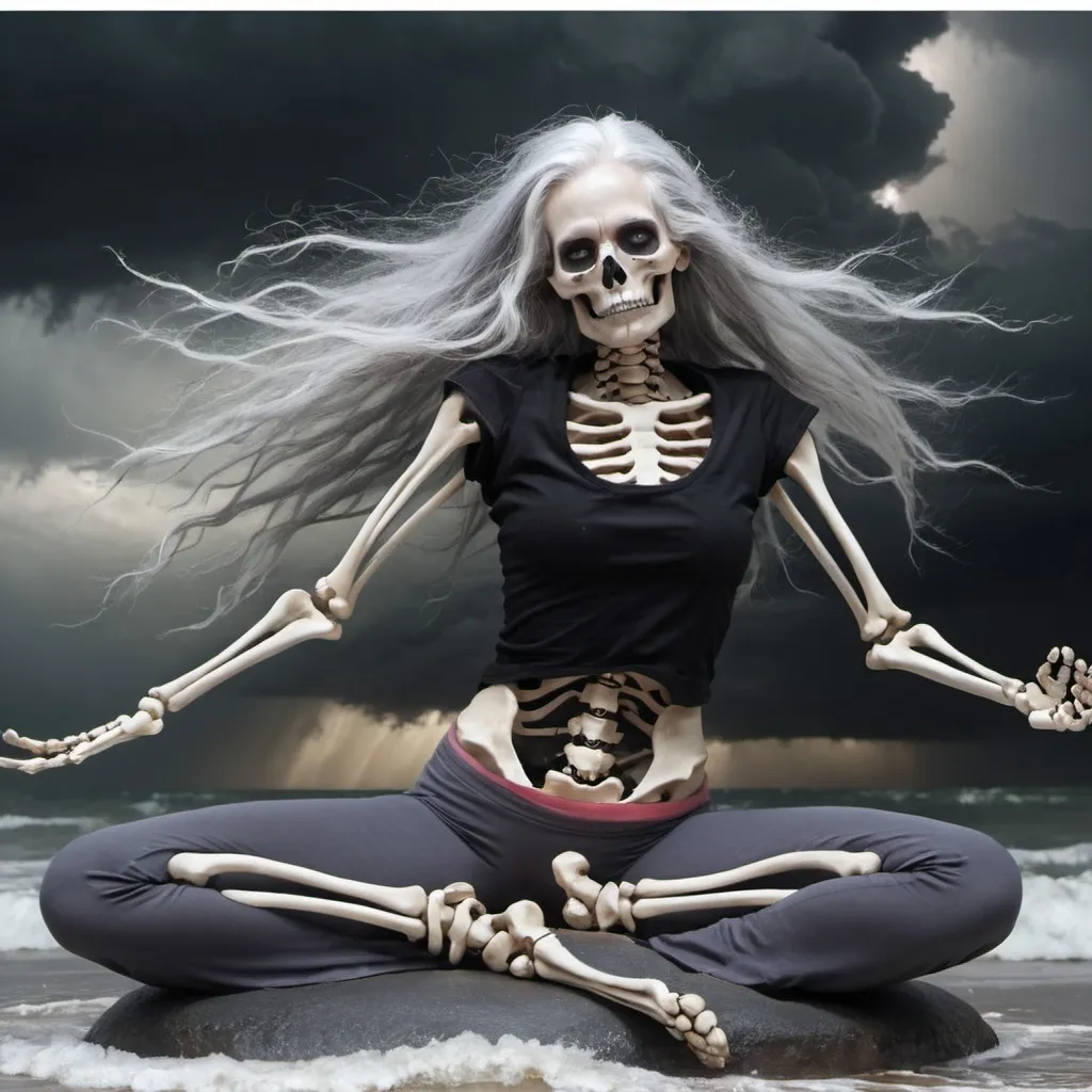 Prompt: Long grey haired female skeleton yoga sitting in the eyei of the storm