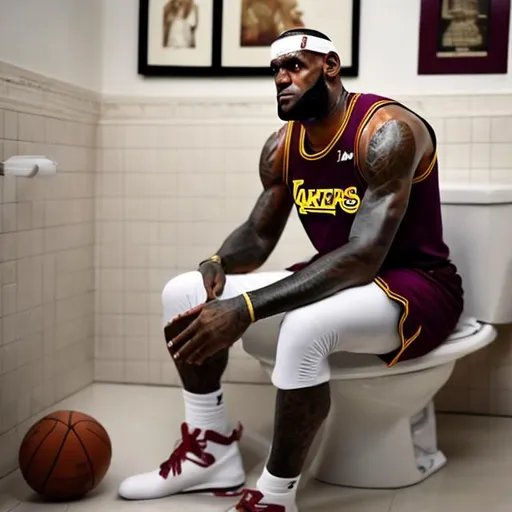 Prompt: lebron james sitting on a toilet