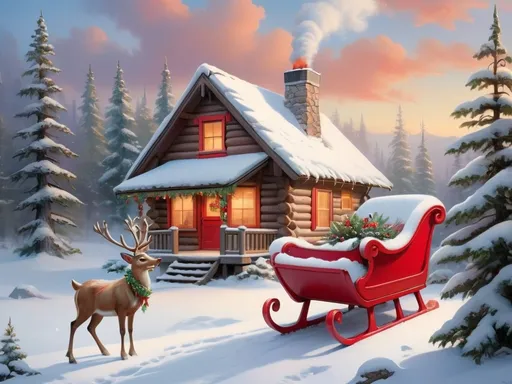 Prompt: A winter wonderland unfolds in this enchanting painting, capturing a serene snow-drenched landscape under a soft, muted sky. Dominating the scene, a majestic evergreen tree adorned with colorful ornaments stands proudly, while nearby, a quaint log cabin emits delicate wisps of white smoke from its chimney, suggesting a warm fire within. Flanking the cabin, snow-laden evergreens create a tranquil backdrop, their branches weighted down by fresh powder. In the foreground, a vibrant red sleigh, pulled by cheerful reindeer, adds a whimsical touch, enhancing the festive mood that radiates from this charming holiday tableau, making it feel like a glimpse into a magical winter evening.