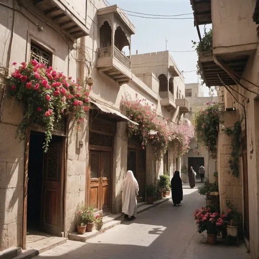 Prompt: A quaint street in Old Damascus. 1950s camera. with people in fez headress and hijabs walking by. Vintage, noise. Jasmine flowers and roses vines hang from the roofs of buildings