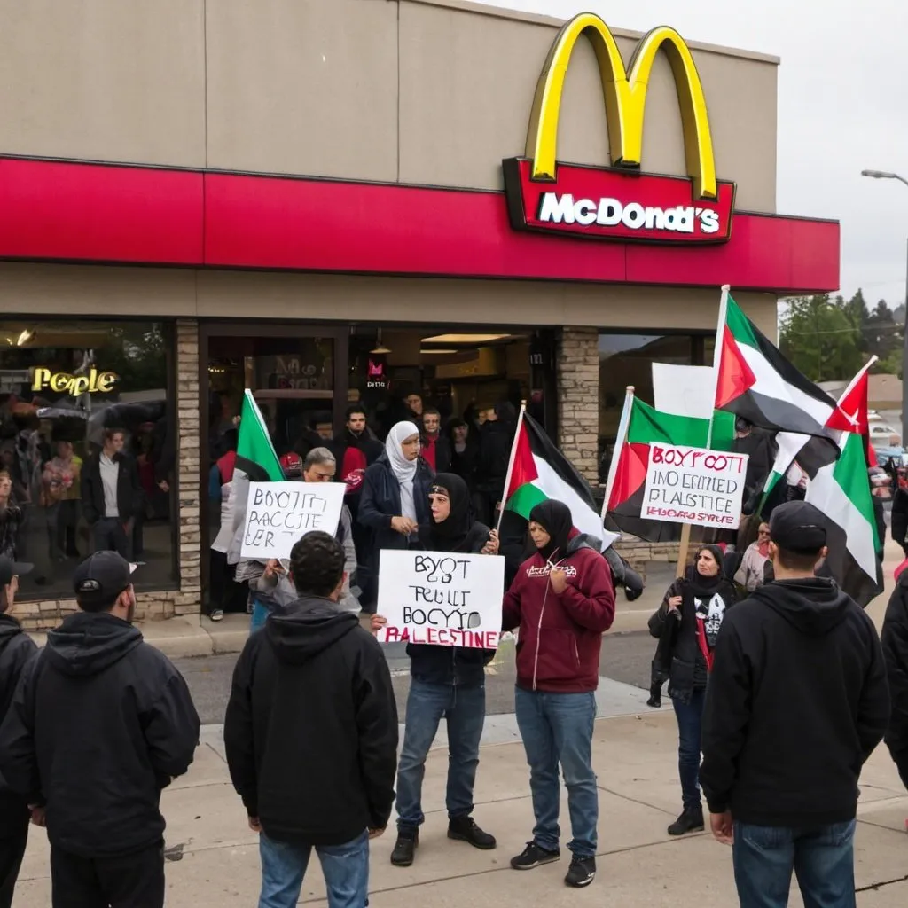 Prompt: people outside a McDonalds protesting with signs that say "Boycott" and the protesters hold Palestine flags