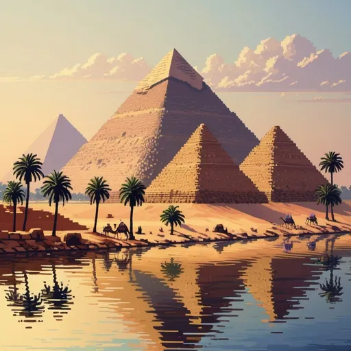 Prompt: Pyramids by the river nile pixelart
