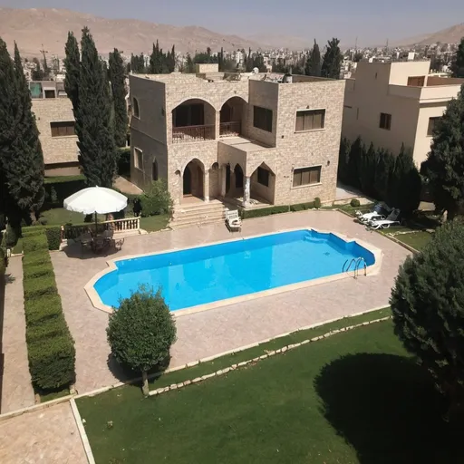 Prompt: Damascus suburbs villa with pool