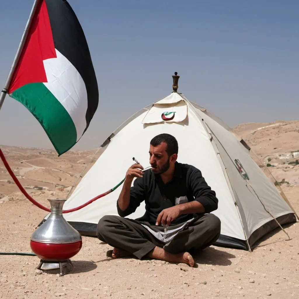 Prompt: Palestinian bedoiun man next to his tent smoking a hookah in the desert. A palestinan flag is hoisted onto his tent