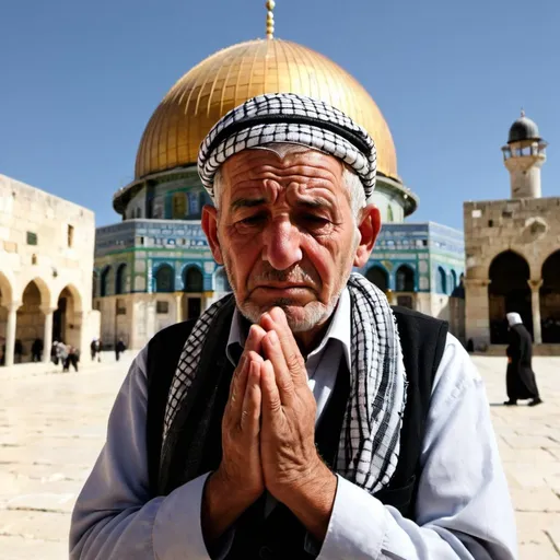 Prompt: Old Palestinian bedoiun man praying outside al aqsa. he wears a keffiyeh on his head. the dome of the rock is visible behind him