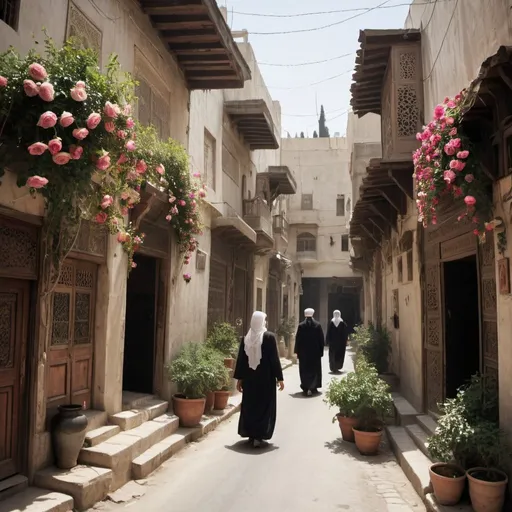 Prompt: A quaint street in Old Damascus. 1950s camera. with people in fez headress and hijabs walking by. Vintage, noise. Jasmine flowers and roses vines hang from the roofs of buildings