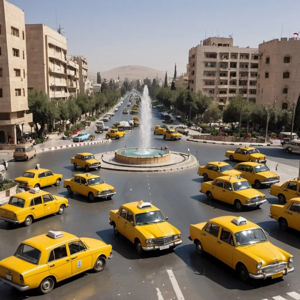 Prompt: Traffic on a busy damascus street with vintage yellow taxis and vintage cars in general behind it is a roundabout with a fountain in the middle of it