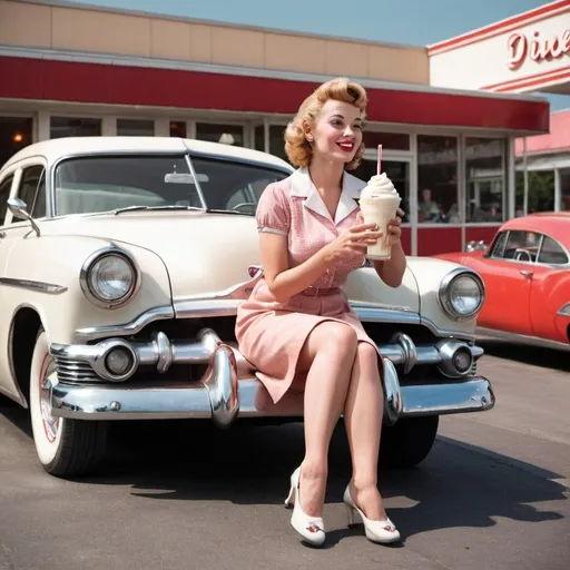 Prompt: vintage car outside of a diner,1950s style,woman sits on the car sipping a milkshake.