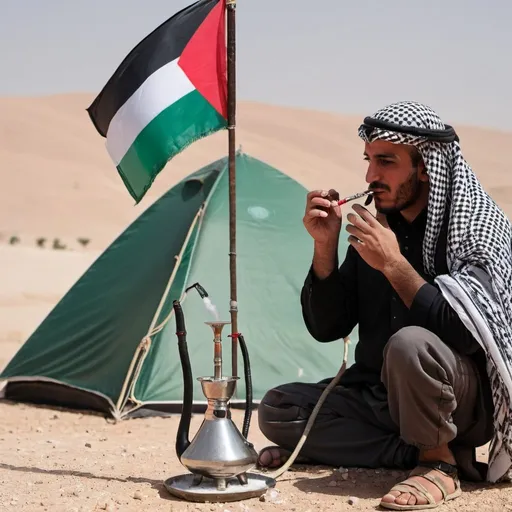Prompt: Palestinian bedoiun man next to his tent smoking a hookah in the desert. A palestinan flag is hoisted onto his tent he wears a traditional keffiyeh on his head