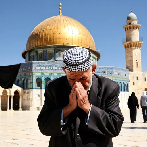 Prompt: Old Palestinian bedoiun man praying outside al aqsa. he wears a keffiyeh on his head. the dome of the rock is visible behind him. he is muslim