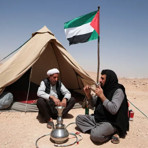 Prompt: Palestinian bedoiun man next to his tent smoking a hookah in the desert. A palestinan flag is hoisted onto his tent