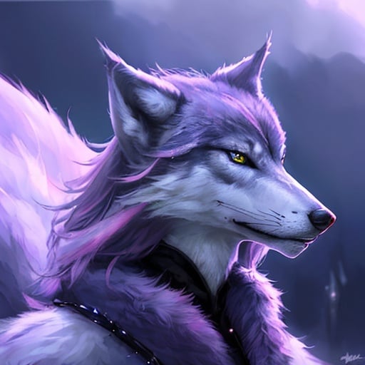 Prompt: Realistic majestic fantasy wolf, purple, blue, pink, detailed fur and eyes, high-quality, realistic, fantasy, majestic, atmospheric lighting