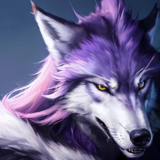 Prompt: Realistic majestic fantasy wolf, purple, blue, pink, detailed fur and eyes, high-quality, realistic, fantasy, majestic, atmospheric lighting, girl