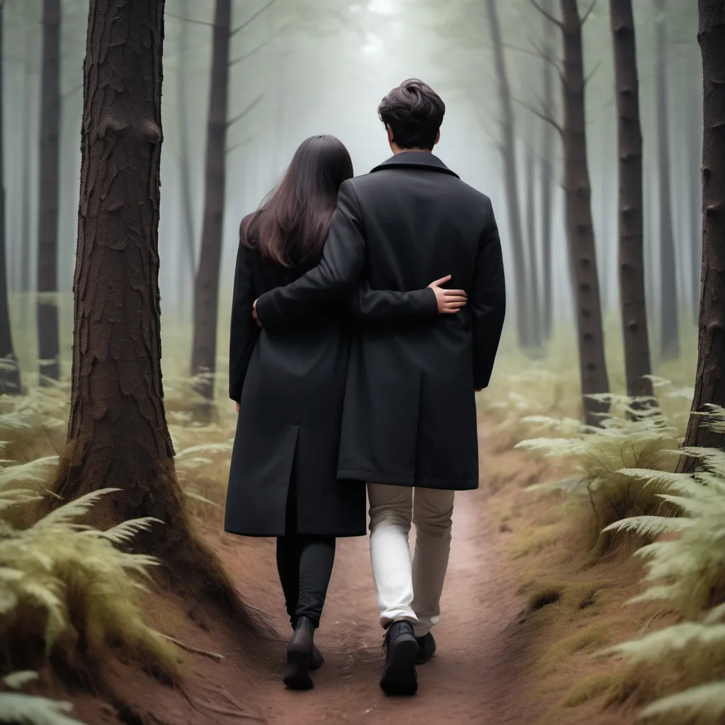 Prompt: A couple walking in the forest, the girl is holding the guy's arm with both hands ( cuddling his arm) and laying her head on his shoulder. Wearing all black. The guy's skin is wheatish and the girl is white. The picture from behind. Modest clothes. The guy wearing long coat. Dark Brown hair for both