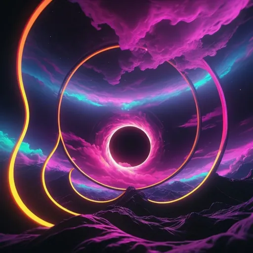 Prompt: Black hole opening in futuristic-vaporwave style, neon-colored clouds, cosmic phenomenon, vibrant colors, swirling vortex, high quality, futuristic, vaporwave, neon, cosmic, vibrant colors, surreal, cosmic clouds, detailed swirls, atmospheric lighting, stained glass