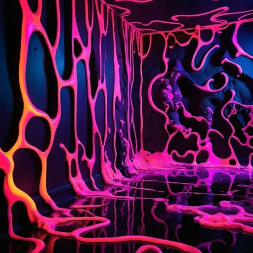 Prompt: the walls melting like lava in vibrant neon and black light fluorescent.  