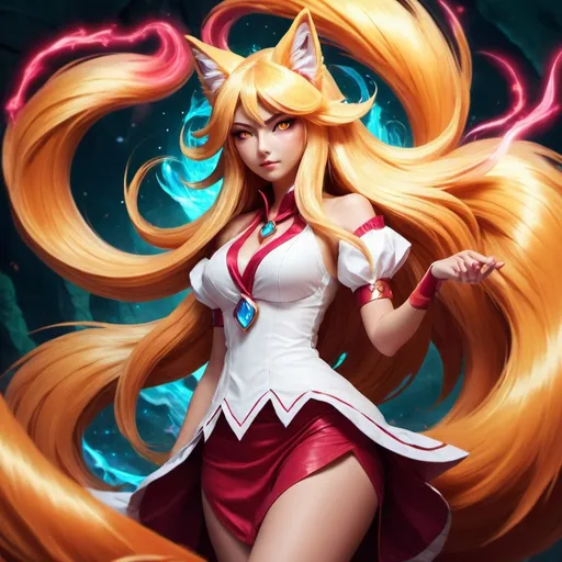 Prompt: Detailed digital illustration of Ahri from League of Legends, nine tails, magical effects, high-quality rendering, vibrant colors, anime style, mystical ambiance, flowing hair, captivating eyes, enchanting beauty, fantasy, magical, ethereal, mystical, anime, vibrant colors, high quality, digital, detailed tails, enchanting gaze, flowing design, professional, atmospheric lighting