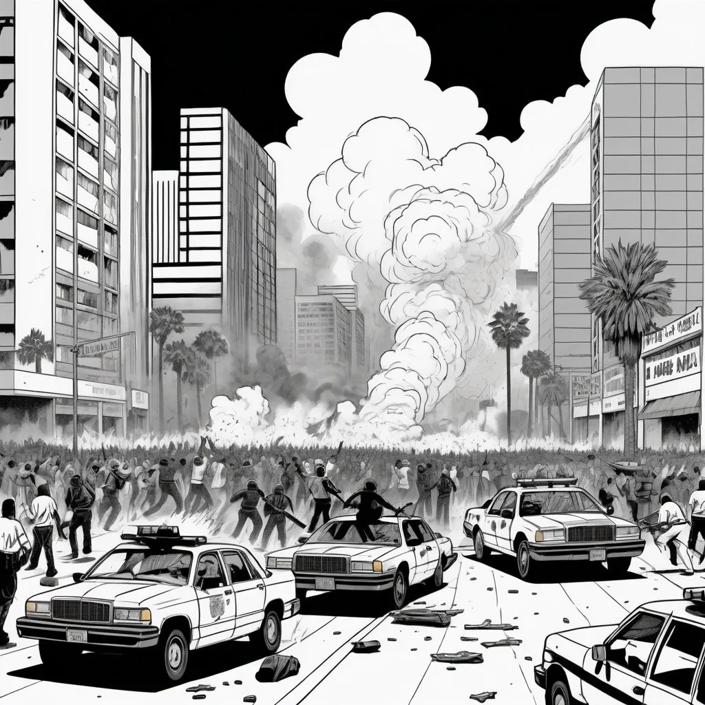 Prompt: Black and white line art of Los Angles riots in 1992 l in the style of a comic.