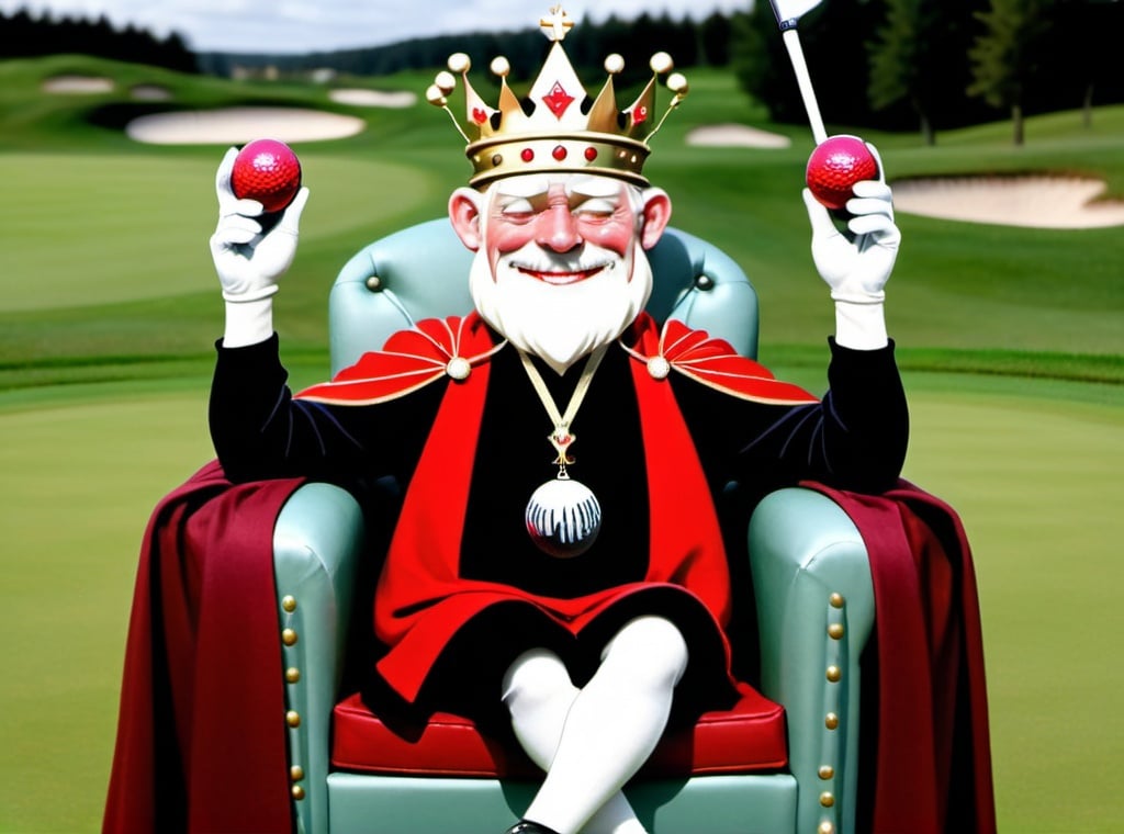 Prompt: A golfer looking very pleased, sitting on a throne on a golf course, wearing regular golf clothes underneath royal robes and a crown, holding an orb in one hand and a golf club in the other

Can the image look real and not cartoony