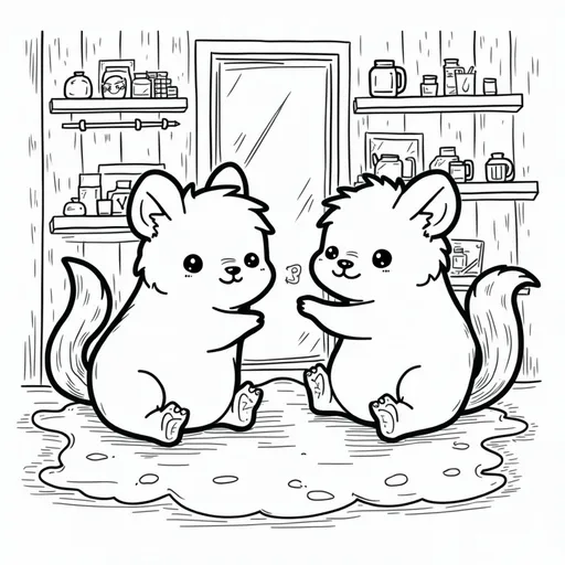 Prompt: (black and white), cartoon style, simple, ideal for coloring pages, simple and cozy, summer themes, surreal and playful, friendly interactions between animal friends, hygge or cabin backgrounds, lots of shelves and knick knacks 