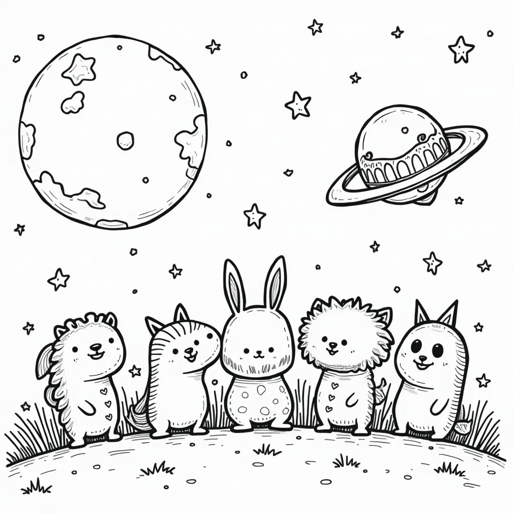 Prompt: (black and white), cartoon style, (pastel color scheme), various animals, outerspace setting, fun interactions among animals, whimsical and surreal background, ideal for coloring pages, simple bold lines, engaging and cheerful atmosphere, cute expressions, outlines bold yet smooth, 2D illustration, inviting and delightful theme.