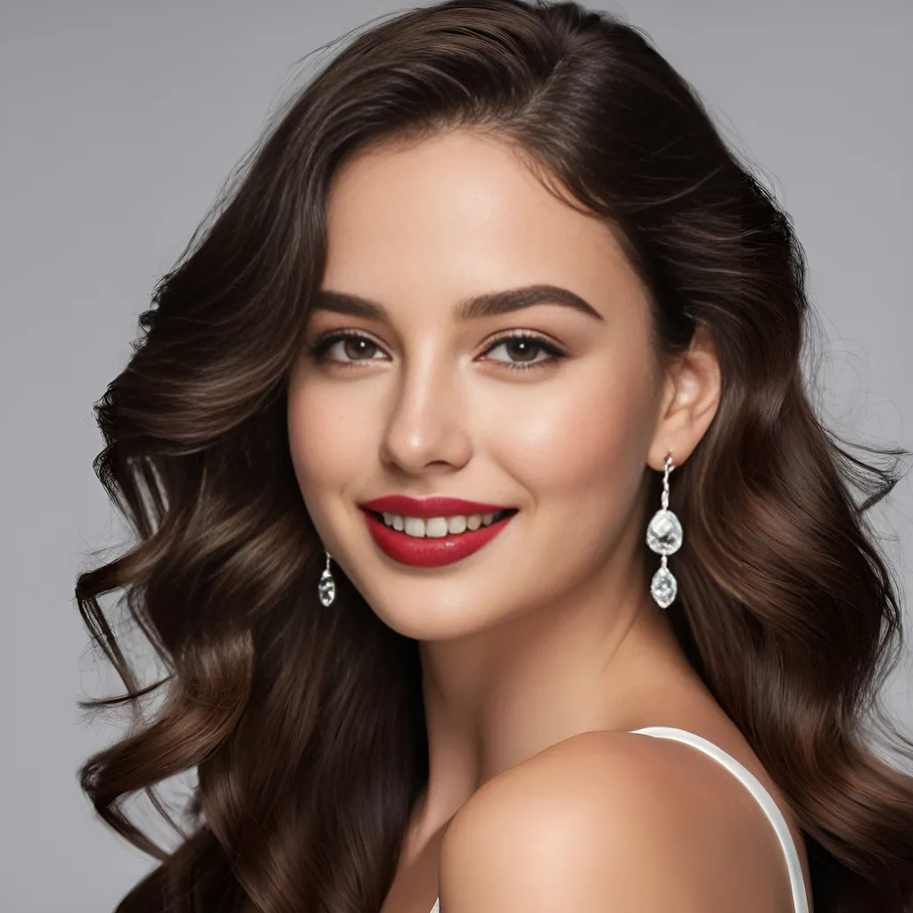 Prompt: hyper-realistic photo of a beautiful 22 year old girl with medium long wavy glossy brunette hair, subtle black winged eyeliner, minimal makeup, glossy lipstick, extra large earrings. warm smile, advertising style, sensual, captivating looks.