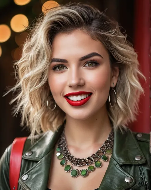 Prompt: 1woman, (((messy very wild angular edgy teased ratty slightly curly asymmetrical hair style))), (((mixed blonde and black hair color))), Swedish, mid 20s, large busom, (((wearing red leggings))), (((tight leather jacket))), ((very detailed face)), ((very detailed and realistic eyes)), beautiful symmetric face, (mixed brown and green colored eyes), very full big lips, beautiful classic makeup, smiling mouth open, full lips, (detailed lips), realistic eyebrows, stunning, sultry, gorgeous, ((exotic)), pretty, extraordinary feminine, natural vibrant colors, confident, intriguing, captivating, giant statement earrings, necklaces, bracelets, jewelry, warm smile with teeth, advertising style, professional lighting, realistic colors, photorealism, full-body character design, high detail, realistic, posing, standing, (((award winning photo, professional realistic lighting, bokeh, UHD, 8k))), (((full view)))