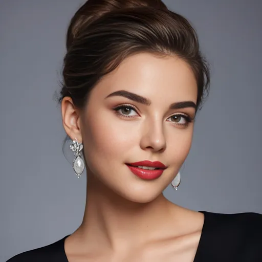 Prompt: hyper-realistic photo of a beautiful 22 year old girl with medium long wavy glossy brunette hair, subtle black winged eyeliner, minimal makeup, glossy lipstick, extra large earrings. warm smile, advertising style, sensual, captivating looks.