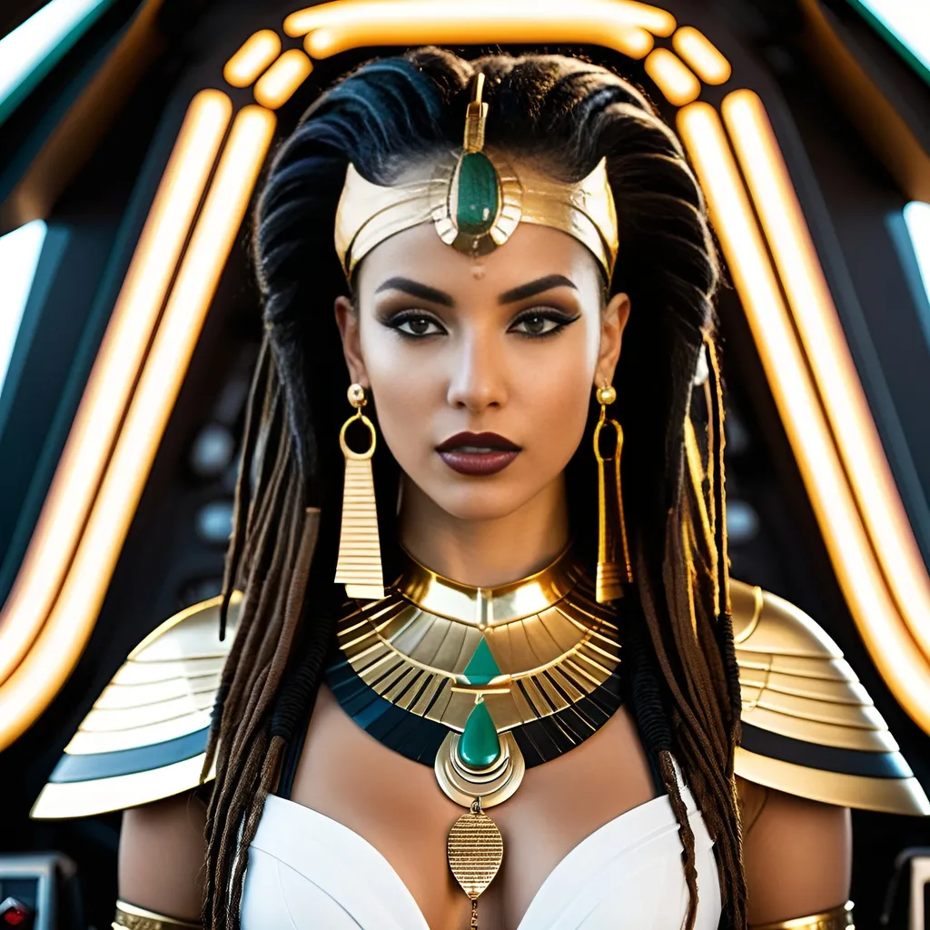 Prompt: Female rogue trader Egyptian goddess style, standing on the battle-bridge of a sci-fi future space cruiser battleship.
Long black-brown dreadlock hairstyle, wide deep brown eyes, bold long eyelashes, bold black Egyptian style winged eyeliner, Egyptian style makeup, warm glossy full lips, greek style nose, large golden tribal earrings and ornaments. Intense regal like expression, confident yet graceful.
Wearing an Egyptian goddess like gold-white-jade outfit.
Elegant yet athletic body type, warm amber colored skin complexion.