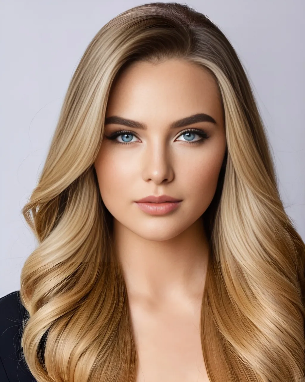 Prompt: <creating process>
young female adult, dark blonde to neutral blonde ombré-balayage medium long hairstyle, long flowing hair, gorgeous mane of silky shiny hair, detailed hair, perfectly shaped dark blue-yellow eyes, thin straight high arch eyebrows diamond shaped face, medium size upturned nose, thick plump full lips