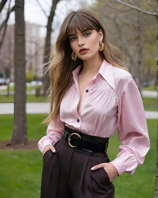 Prompt: ((full view)) picture of a beautiful babe posing in the park, real world, spring time, natural vibrant colors.
Long gold brown hair with blonde highlights, long choppy hairstyle with bangs, detailed hair, gorgeous mane of silky shiny hair. Perfect oval shaped face, blue-brown eyes, small sized nose is scooped with a turned-up tip with visible nostrils, wide glossy lips, bold thick black winged eyeliner, natural makeup, extra large earrings.
Super model, hourglass figure, curvy body,intricate facial details, ultra detailed realistic skin.
Wearing a ALAÏA cropped gathered taffeta pink blouse and ALAÏA archetypes belted wool-flannel wide-leg black pants, with The Attico black cosmo sandals.