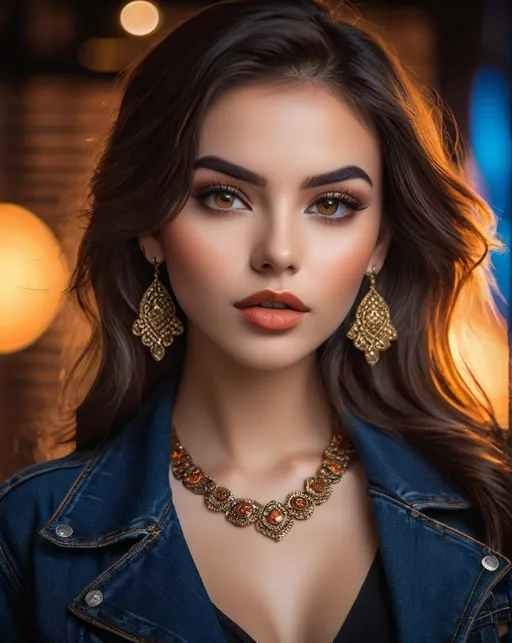 Prompt: 1girl, brick wall, denim, earrings, jacket, jewelry, leather, leather jacket, lips, long hair, looking at viewer, asymmetrical bulbous nose, photo \(medium\), realistic, solo, ((very detailed face)), ((very detailed and realistic eyes)), beautiful symmetric face, (mixed brown and orange colored eyes), very full big lips, beautiful classic makeup, full lips, (detailed lips), realistic eyebrows, beautiful classic makeup, giant statement earrings, necklaces, bracelets, jewelry, Eve Ryder, superflat, model, a character portrait, stunning, sultry, gorgeous, ((exotic)), pretty, extraordinary feminine, natural vibrant colors, confident, intriguing, captivating, professional lighting, realistic colors, photorealism, high detail, realistic, (((award winning photo, professional realistic lighting, bokeh, UHD, 8k))), (((head shot))), (closeup, portrait)