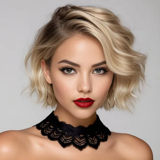 Prompt: hyper realistic, college girl, slightly tanned, short layered messy blonde-beige hair, bold black winged eyeliner, bold glossy red lipstick, huge hoop earrings, black lace collar, sensual, captivating looks, intricate facial details, ultra detailed realistic skin, detailed hair, buxom, white studio background