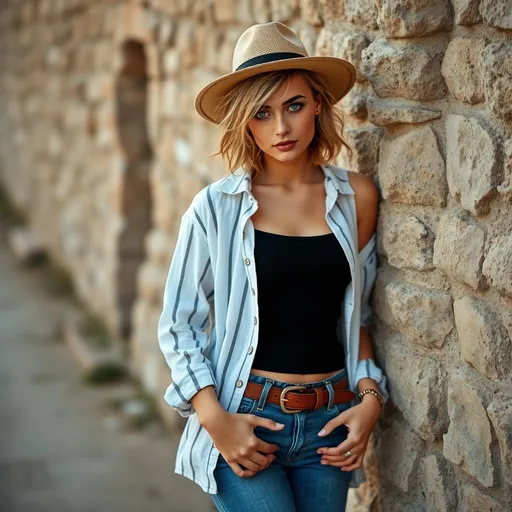 Prompt: 1girl, stone wall, road, sand, a woman leaning against the wall, modeling pose, (((messy very wild angular edgy teased ratty slightly curly asymmetrical hair style))), (((mixed blonde and black hair color))), deep blue eyes, white and black striped linen shirt ,black tube top shirt , blue skinny jeans, beige fedora hat, belt, detailed features, stunning, sultry, gorgeous, ((exotic)), pretty, extraordinary feminine, natural vibrant colors, confident, intriguing, captivating, professional lighting, realistic colors, photorealism, high resolution, professional, realism, glamour photography, art photography, ((full-body character design)), high detail, realistic, posing, standing, (((award winning photo, professional realistic lighting, bokeh, UHD, 8k)))