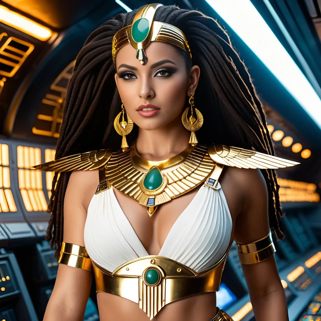 Prompt: Female rogue trader Egyptian goddess style, standing on the battle-bridge of a sci-fi future space cruiser battleship.
Long black-brown dreadlock hairstyle, wide deep brown eyes, bold long eyelashes, bold black Egyptian style winged eyeliner, Egyptian style makeup, warm glossy full lips, Greek style nose, large golden tribal earrings and ornaments. Intense regal like expression, confident yet graceful. Feminine sensual captivating looks.
Wearing an Egyptian goddess like gold-white-jade outfit. Gold plated warrior like brown leather sandals.
Elegant yet athletic body type, warm amber colored skin complexion. Revealing extra large cleavage, buxom.
Professional lighting, realistic colors, photo-realistic, hyper-realistic, full-body character design, high detail, UHD, 8k, realistic.
Posing, standing (full view))