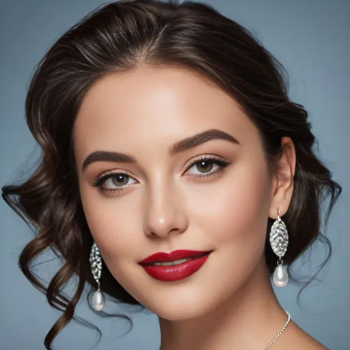 Prompt: hyper-realistic photo of a beautiful 22 year old girl with medium long wavy glossy brunette hair, subtle black winged eyeliner, minimal makeup, glossy lipstick, extra large earrings. warm smile, advertising style, sensual, captivating looks.