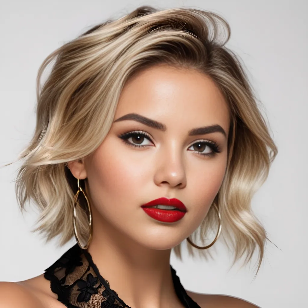 Prompt: hyper realistic, college girl, slightly tanned, short layered messy blonde-beige hair, bold black winged eyeliner, bold glossy red lipstick, huge hoop earrings, black lace collar, sensual, captivating looks, intricate facial details, ultra detailed realistic skin, detailed hair, buxom, white studio background