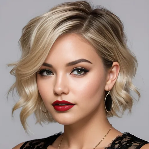 Prompt: hyper realistic, college girl, slightly tanned, short layered messy blonde-beige hair, bold black winged eyeliner, bold glossy red lipstick, huge hoop earrings, black lace collar, sensual, captivating looks, intricate facial details, ultra detailed realistic skin, detailed hair, buxom, white studio background