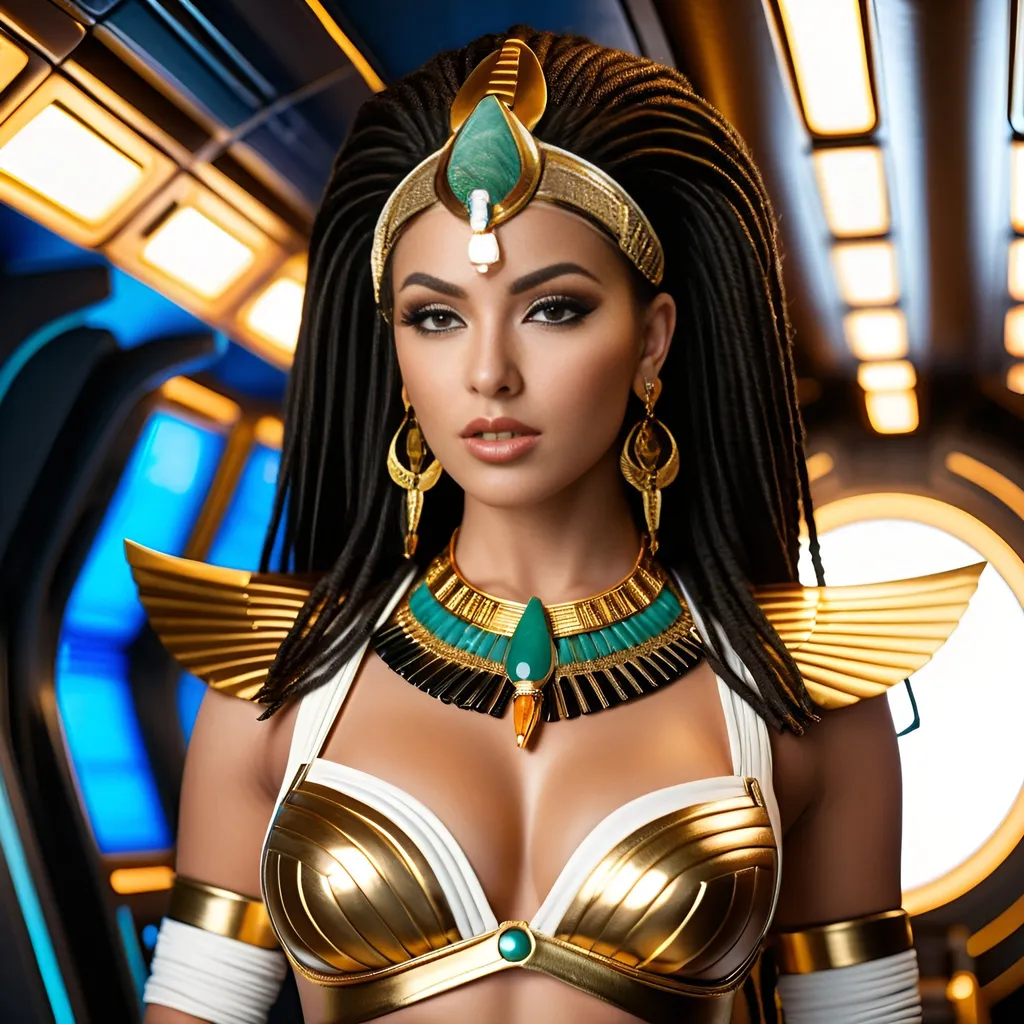 Prompt: Female rogue trader Egyptian goddess style, standing on the battle-bridge of a sci-fi future space cruiser battleship.
Long black-brown dreadlock hairstyle, wide deep brown eyes, bold long eyelashes, bold black Egyptian style winged eyeliner, Egyptian style makeup, warm glossy full lips, Greek style nose, large golden tribal earrings and ornaments. Intense regal like expression, confident yet graceful. Feminine sensual captivating looks.
Wearing an Egyptian goddess like gold-white-jade outfit. Gold plated warrior like brown leather sandals.
Elegant yet athletic body type, warm amber colored skin complexion. Revealing extra large cleavage, buxom.
Professional lighting, realistic colors, photo-realistic, hyper-realistic, full-body character design, high detail, UHD, 8k, realistic.
Posing, standing (full view))