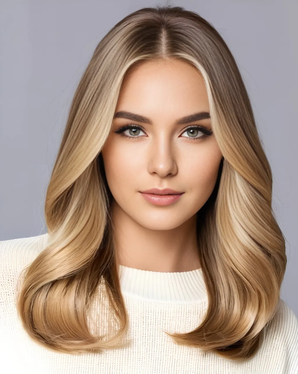 Prompt: <creating process>
young female adult, dark blonde to neutral blonde ombré-balayage medium long hairstyle, gorgeous mane of silky shiny hair, detailed hair, perfectly shaped dark blue-yellow eyes, thin straight high arch eyebrows