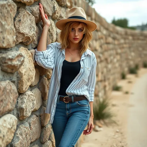 Prompt: 1girl, stone wall, road, sand, a woman leaning against the wall, modeling pose, (((messy very wild angular edgy teased ratty slightly curly asymmetrical hair style))), (((mixed blonde and black hair color))), deep blue eyes, white and black striped linen shirt ,black tube top shirt , blue skinny jeans, beige fedora hat, belt, detailed features, stunning, sultry, gorgeous, ((exotic)), pretty, extraordinary feminine, natural vibrant colors, confident, intriguing, captivating, professional lighting, realistic colors, photorealism, high resolution, professional, realism, glamour photography, art photography, ((full-body character design)), high detail, realistic, posing, standing, (((award winning photo, professional realistic lighting, bokeh, UHD, 8k)))