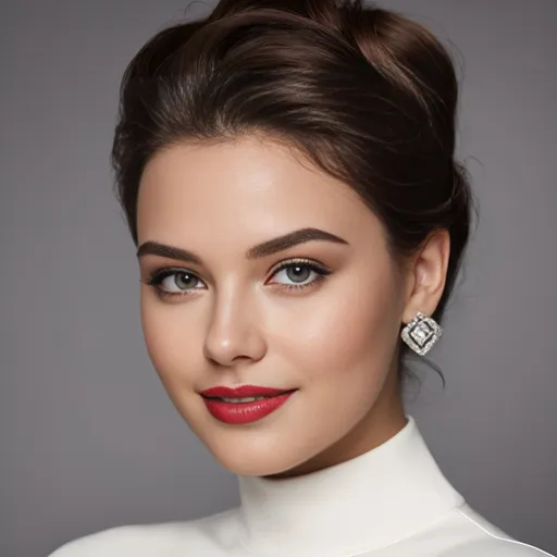 Prompt: hyper-realistic photo of a beautiful 22 year old girl with medium long wavy glossy brunette hair, subtle black winged eyeliner, minimal makeup, glossy lipstick, extra large earrings. warm smile, advertising style, sensual, captivating looks.