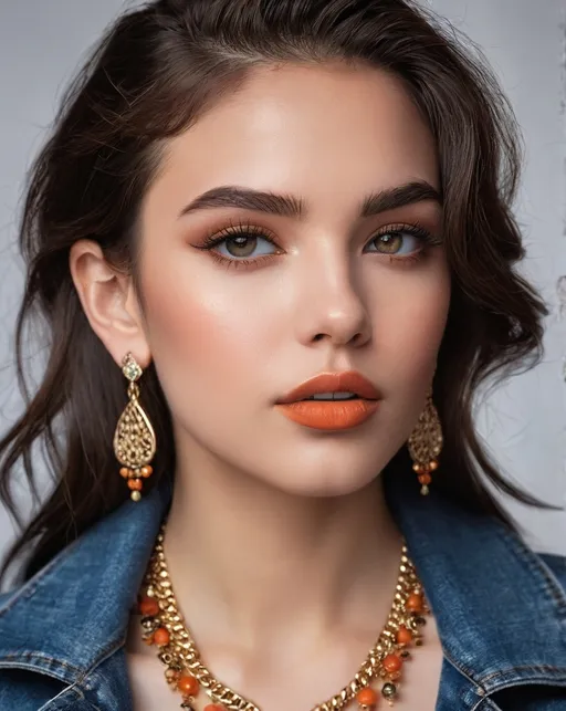 Prompt: 1girl, brick wall, denim, earrings, jacket, jewelry, leather, leather jacket, lips, long hair, looking at viewer, asymmetrical bulbous nose, photo \(medium\), realistic, solo, ((very detailed face)), ((very detailed and realistic eyes)), beautiful symmetric face, (mixed brown and orange colored eyes), very full big lips, beautiful classic makeup, full lips, (detailed lips), realistic eyebrows, beautiful classic makeup, giant statement earrings, necklaces, bracelets, jewelry, Eve Ryder, superflat, model, a character portrait, stunning, sultry, gorgeous, ((exotic)), pretty, extraordinary feminine, natural vibrant colors, confident, intriguing, captivating, professional lighting, realistic colors, photorealism, high detail, realistic, (((award winning photo, professional realistic lighting, bokeh, UHD, 8k))), (((head shot))), (closeup, portrait)