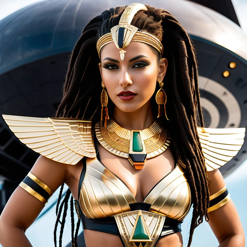 Prompt: Female rogue trader Egyptian goddess style, standing on the battle-bridge of a sci-fi future space cruiser battleship.
Long black-brown dreadlock hairstyle, wide deep brown eyes, bold long eyelashes, bold black Egyptian style winged eyeliner, Egyptian style makeup, warm glossy full lips, greek style nose, large golden tribal earrings and ornaments. Intense regal like expression, confident yet graceful.
Wearing an Egyptian goddess like gold-white-jade outfit. Gold plated warrior like brown leather sandals.
Elegant yet athletic body type, warm amber colored skin complexion. Revealing extra large cleavage, buxom.