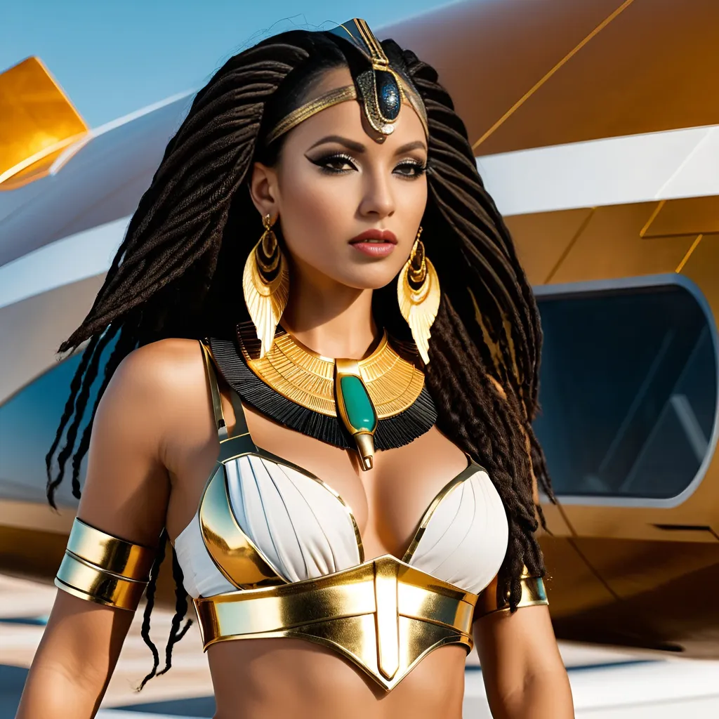 Prompt: Female rogue trader Egyptian goddess style, standing on the battle-bridge of a sci-fi future space cruiser battleship.
Long black-brown dreadlock hairstyle, wide deep brown eyes, bold long eyelashes, bold black Egyptian style winged eyeliner, Egyptian style makeup, warm glossy full lips, greek style nose, large golden tribal earrings and ornaments. Intense regal like expression, confident yet graceful.
Wearing an Egyptian goddess like gold-white-jade outfit. Gold plated warrior like brown leather sandals.
Elegant yet athletic body type, warm amber colored skin complexion. Revealing extra large cleavage, buxom.
Professional lighting, realistic colors, photo-realistic, hyper-realistic, full-body character design, high detail, UHD, 8k, realistic.
Posing, standing (full view))