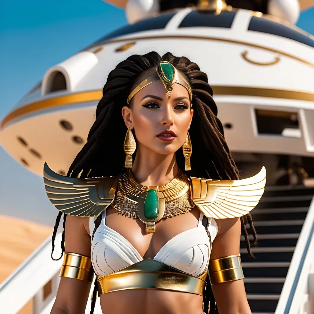 Prompt: Female rogue trader Egyptian goddess style, standing on the battle-bridge of a sci-fi future space cruiser battleship.
Long black-brown dreadlock hairstyle, wide deep brown eyes, bold long eyelashes, bold black Egyptian style winged eyeliner, Egyptian style makeup, warm glossy full lips, Greek style nose, large golden tribal earrings and ornaments. Intense regal like expression, confident yet graceful. Feminine sensual captivating looks.
Wearing an Egyptian goddess like gold-white-jade outfit. Gold plated warrior like brown leather sandals.
Elegant yet athletic body type, warm amber colored skin complexion. Revealing extra large cleavage, buxom.
Professional lighting, realistic colors, photo-realistic, hyper-realistic, full-body character design, high detail, UHD, 8k, realistic.
Posing, standing (full view))